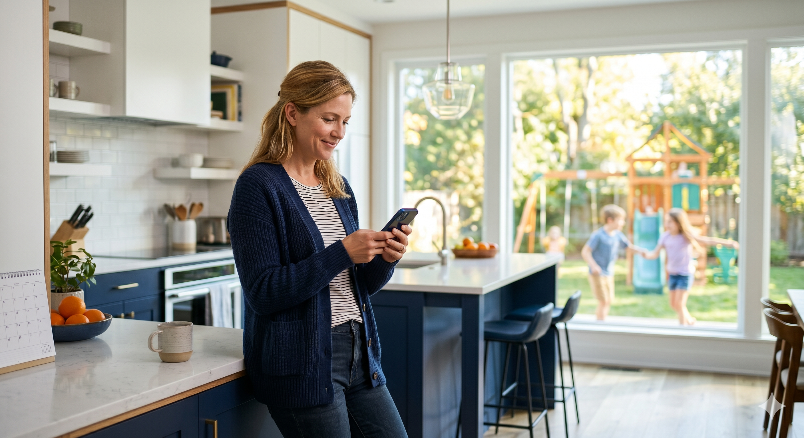 A woman checking AskMD on her phone in her kitchen